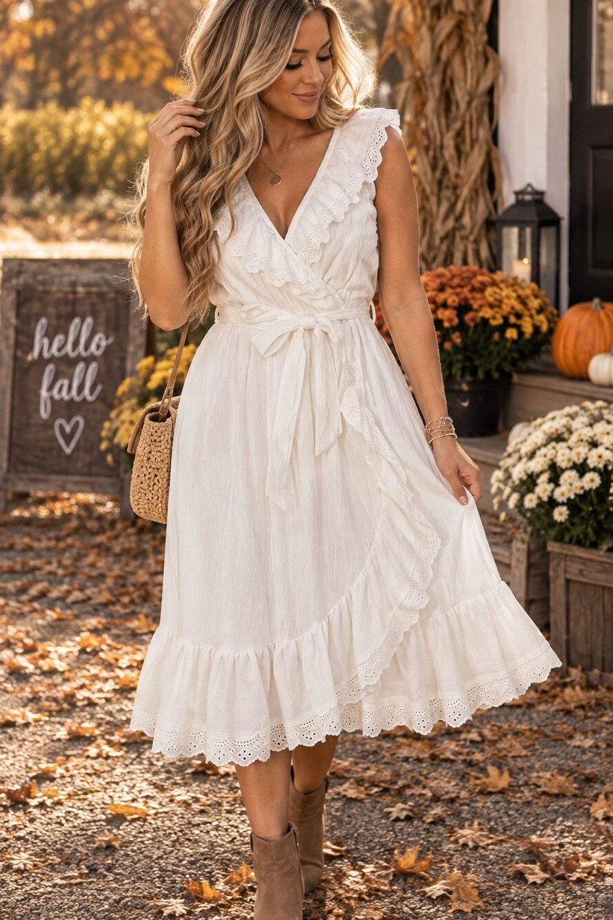 LC Lauren Conrad XXL White Ruffle Eyelet Wrap Midi Dress Belted Cottagecore